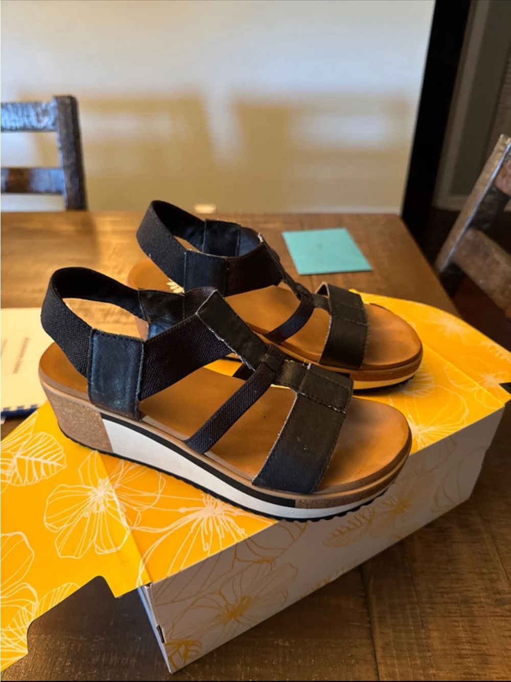 Yellow Box Black Strappy Wedge Sandals